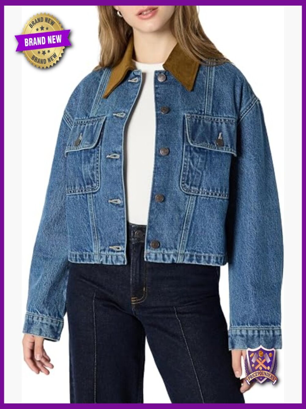 Oversized-Fit Cropped Denim Jacket with Corduroy Collar